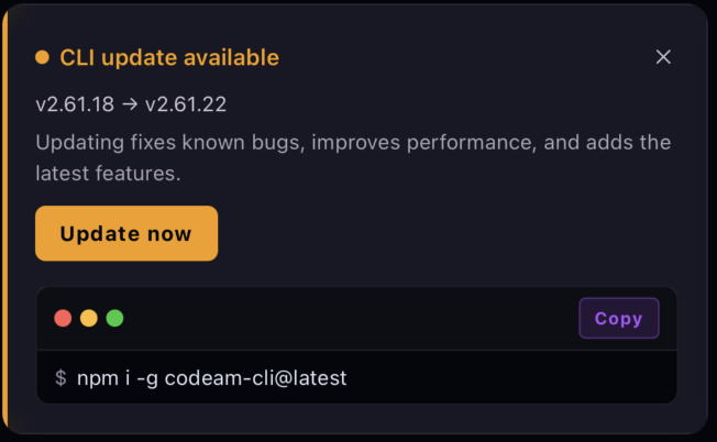 The CLI update available banner showing v2.61.18 → v2.61.22, an Update now button, and the npm install command with a Copy button