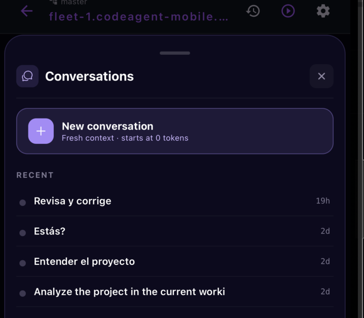 The Conversations sheet with a "New conversation — fresh context, starts at 0 tokens" button and a list of recent conversations with titles and timestamps