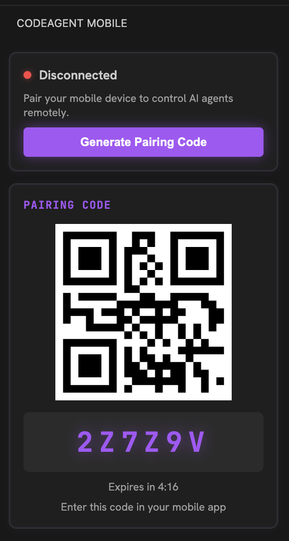 The CodeAgent Mobile panel inside VS Code showing a pairing QR code and a 6-character fallback code