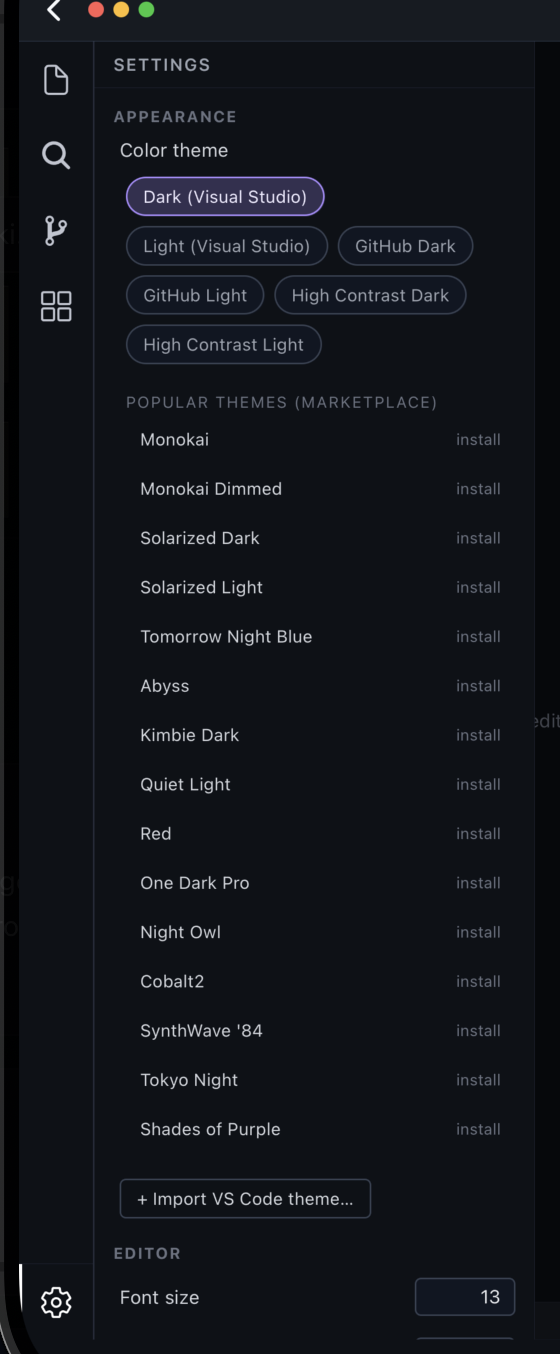 The Settings panel with a color-theme picker, popular marketplace themes, an Import VS Code theme button, and an editor font-size control