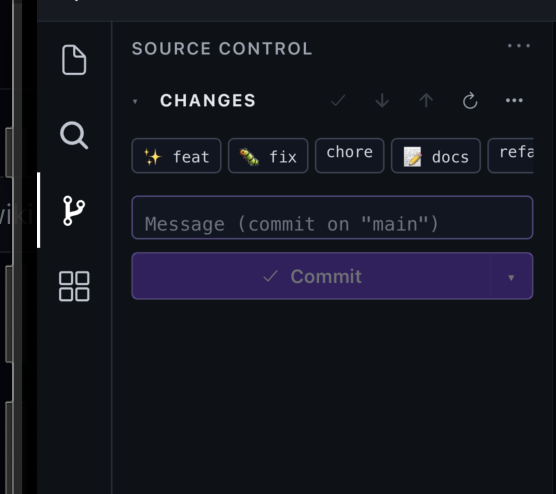The Source Control panel showing CHANGES, conventional-commit type chips (feat, fix, chore, docs, refactor), a message box, and a Commit button