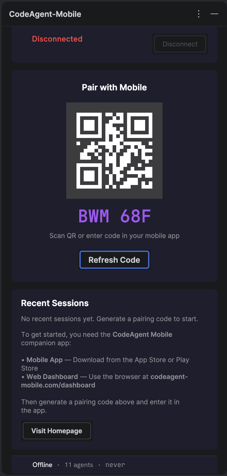 The CodeAgent Mobile tool window inside a JetBrains IDE showing a pairing QR code and a 6-character code