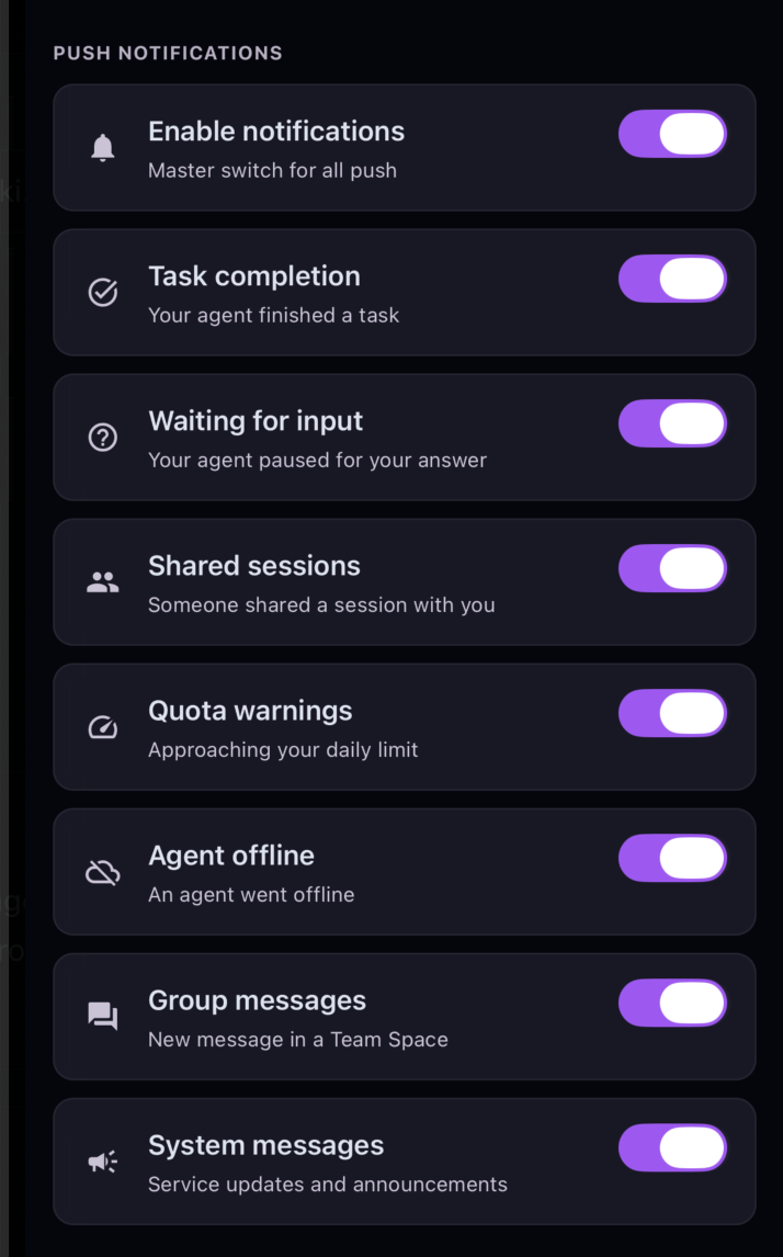 The Push Notifications settings with a master "Enable notifications" switch and per-type toggles for task completion, waiting for input, shared sessions, quota warnings, agent offline, group messages, and system messages